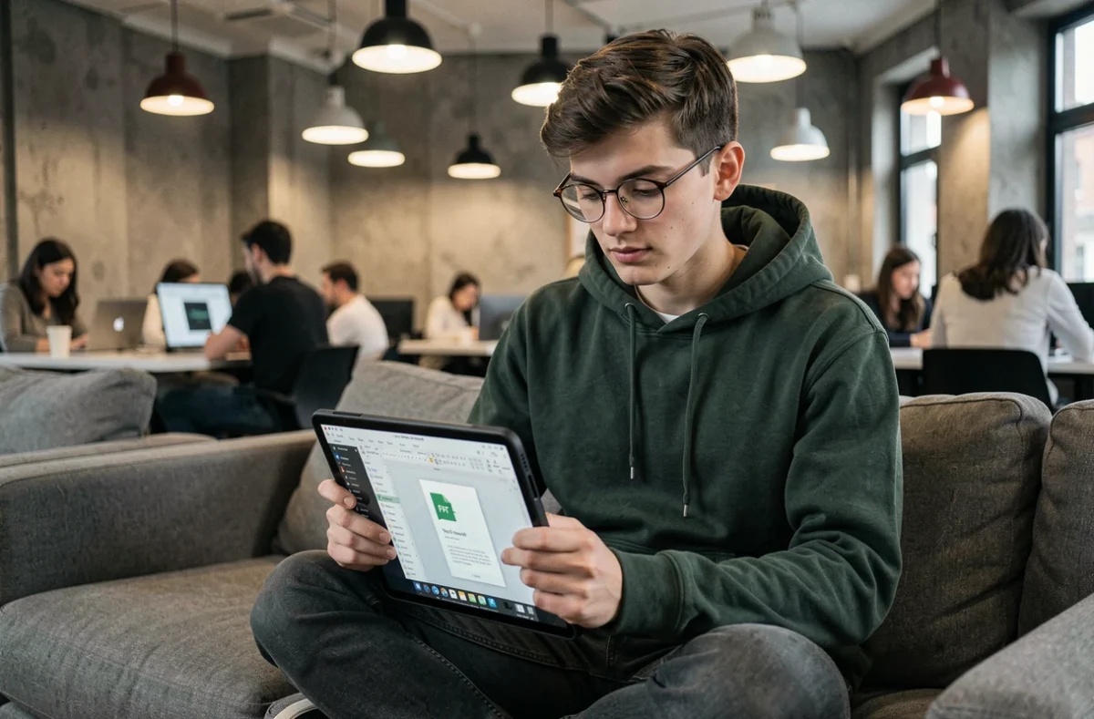 Jeune personne convertissant une présentation PowerPoint en PDF sur une tablette dans un espace de coworking