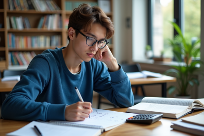 Jeune étudiant en mathématiques travaillant à un bureau moderne