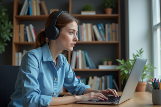 Jeune femme avec casque bleu travaillant sur son ordinateur dans un appartement