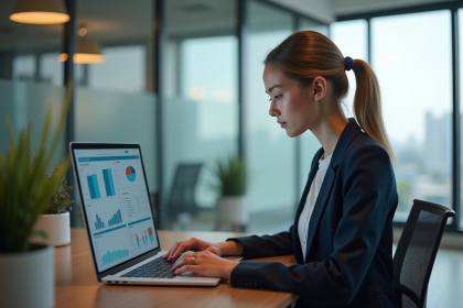 Jeune femme d'affaires au bureau analysant des tableaux de bord