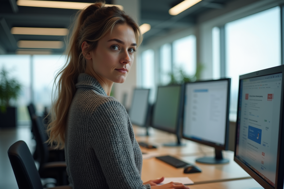 Jeune employée regardant son écran d