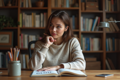 Jeune femme française écrit dans un journal avec un point d'exclamation