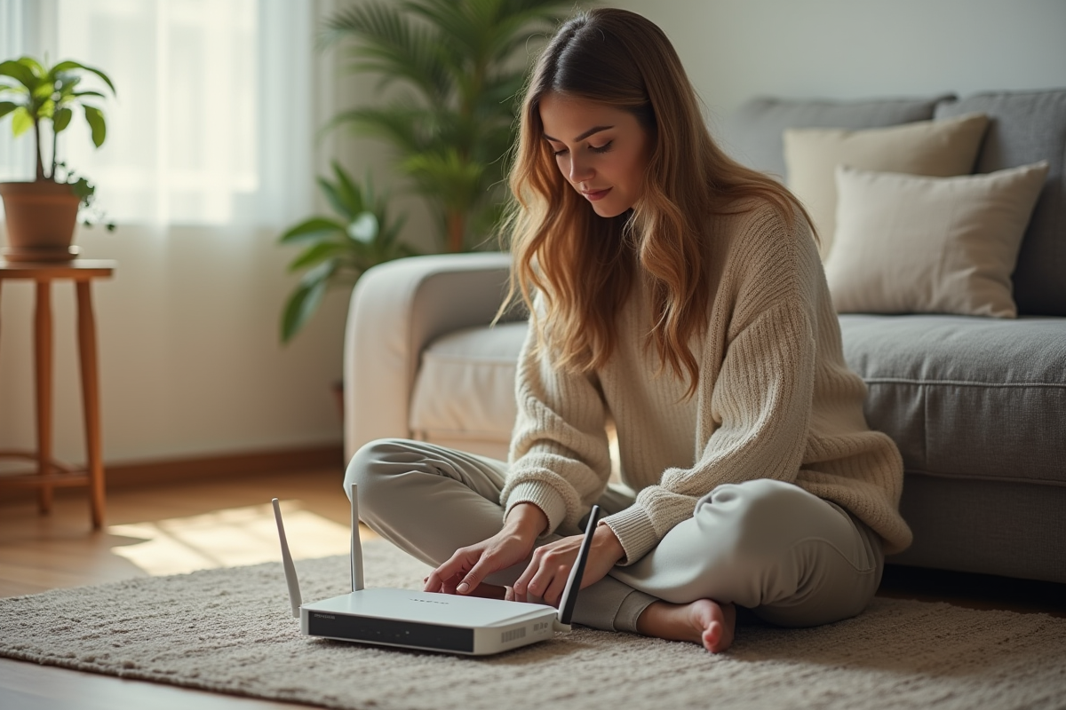Jeune femme vérifiant la clé WiFi sous le routeur dans un intérieur cosy