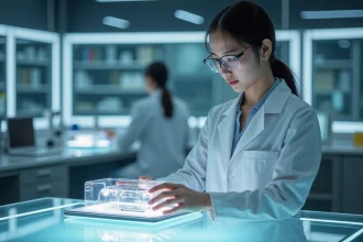 Jeune scientifique femme examinant un dispositif innovant en laboratoire