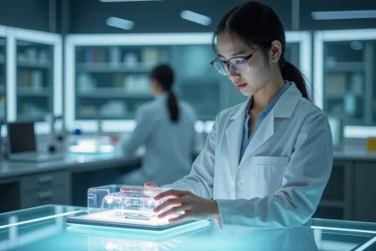 Jeune scientifique femme examinant un dispositif innovant en laboratoire