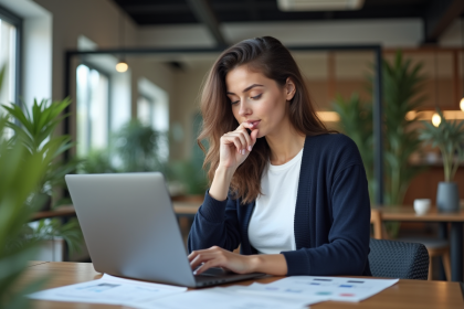 Jeune femme professionnelle analysant wireframes au bureau