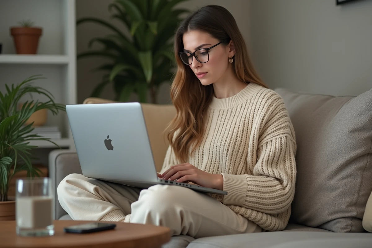 Jeune femme utilisant WhatsApp Web sur son canapé pour envoyer des messages depuis un ordinateur portable