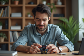 Jeune homme assemble un robot dans un salon cosy