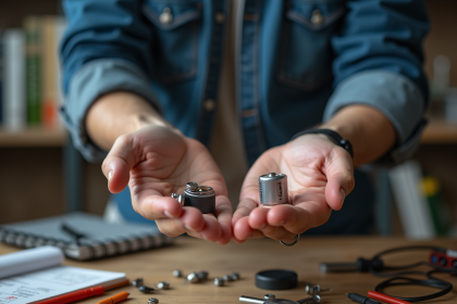Jeune homme en chemise en denim tenant des composants de batterie