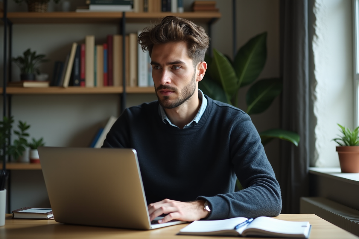 Jeune homme concentré travaillant sur son ordinateur dans un bureau cosy