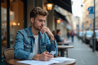Jeune homme au café vérifiant son budget avec smartphone