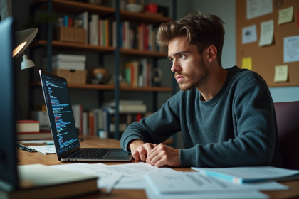 Jeune homme concentré devant son ordinateur dans un bureau à domicile
