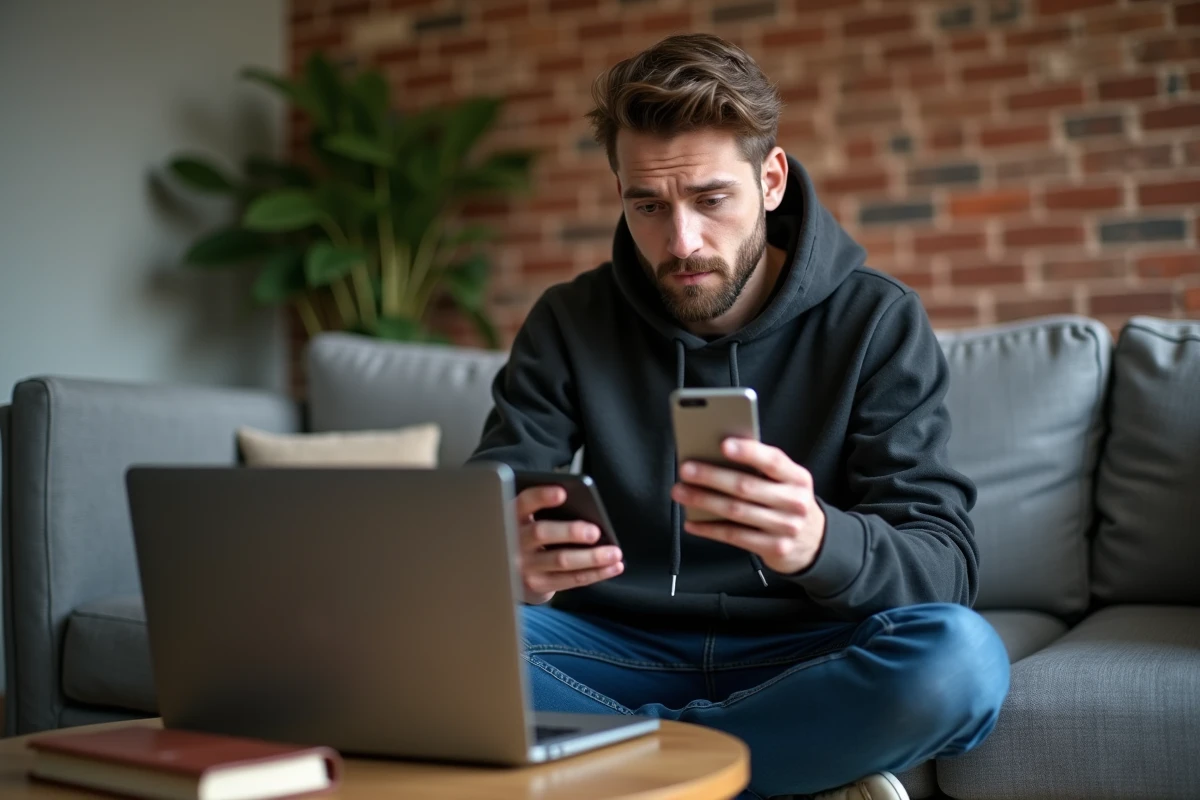 Jeune homme vérifiant son webmail sur ordinateur portable et smartphone simultanément pour diagnostiquer un problème de connexion