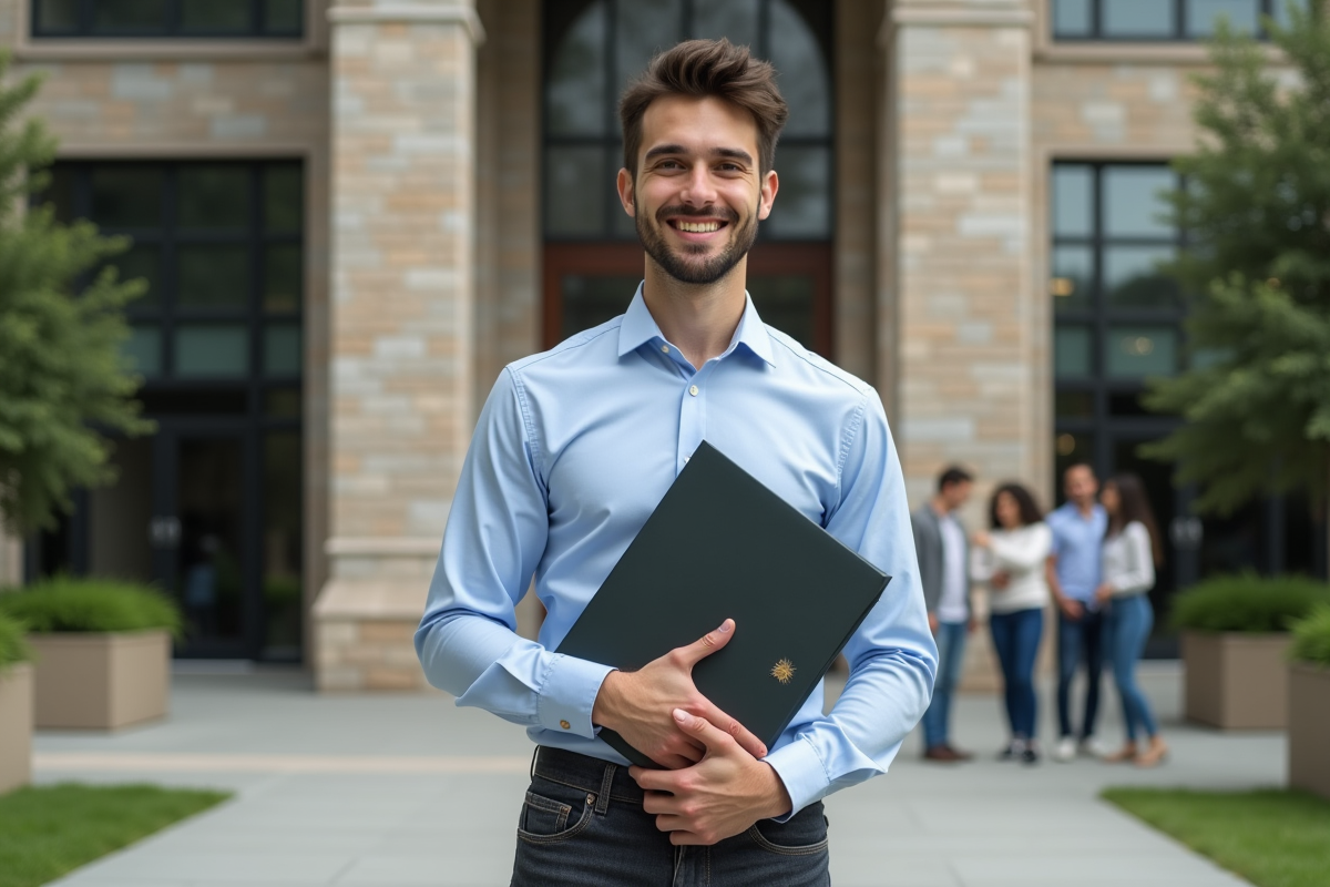 Jeune homme avec diplôme SEO devant bâtiment universitaire