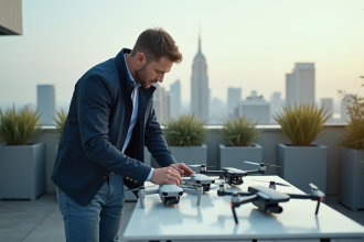 Jeune homme professionnel étudie des drones modernes en rooftop