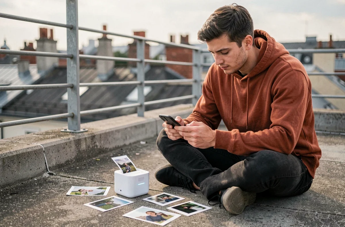 Jeune homme utilisant une imprimante photo portable connectée à son smartphone sur une terrasse urbaine avec des tirages étalés