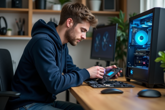 Jeune homme en hoodie installant un processeur sur une carte mère