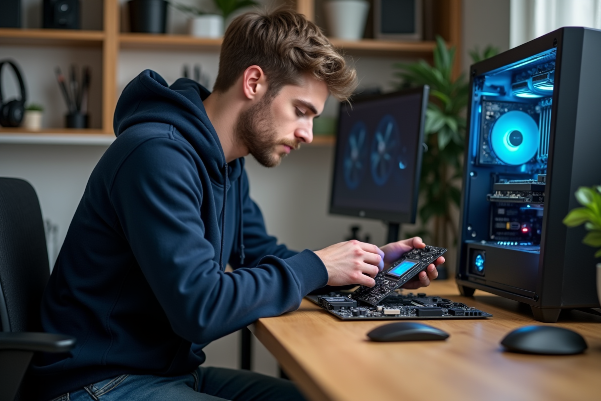 Jeune homme en hoodie installant un processeur sur une carte mère