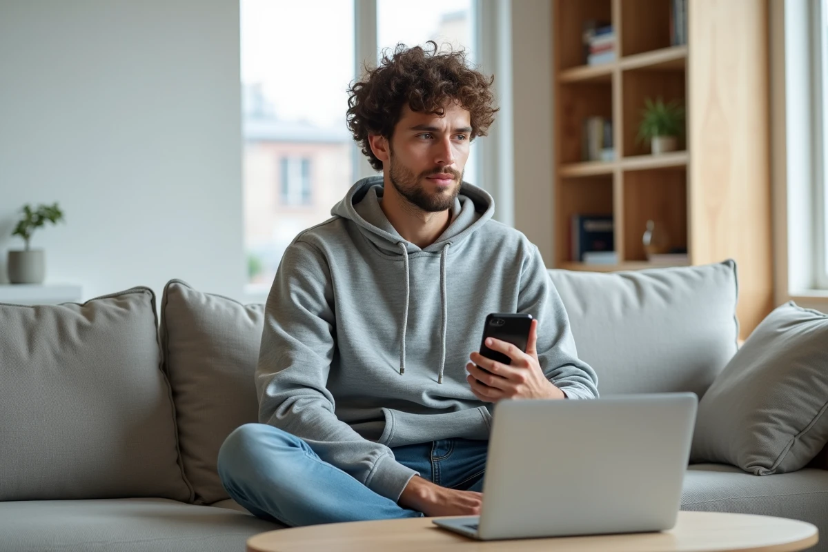 Jeune homme gérant son forfait 5G RED by SFR via RED&Moi depuis son appartement moderne