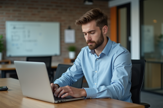 Jeune homme en bureau travaillant sur SQL avec ordinateur