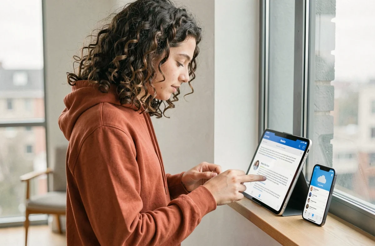 Jeune personne consultant un guide sur tablette pour synchroniser ses mots de passe sur un nouveau smartphone