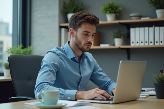 Jeune homme professionnel travaillant sur son ordinateur dans un bureau moderne