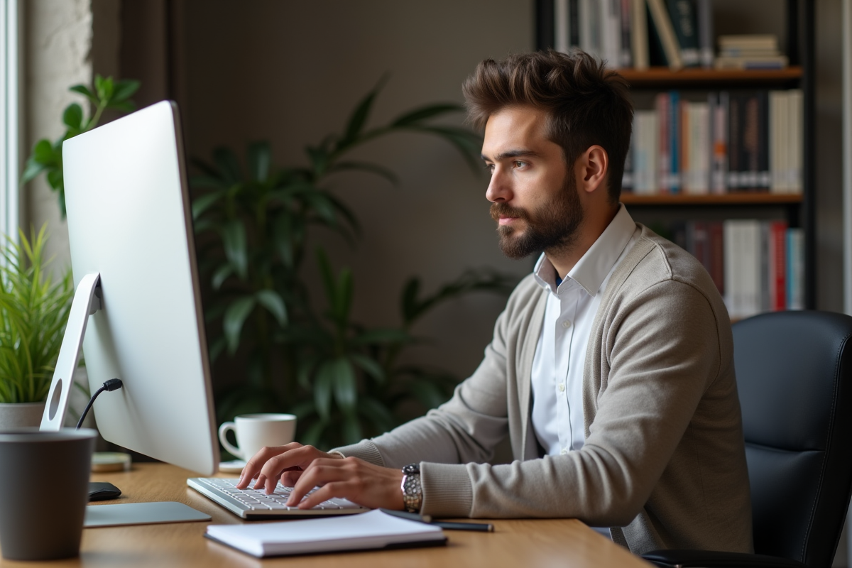 Jeune homme suivant un cours en ligne dans son bureau