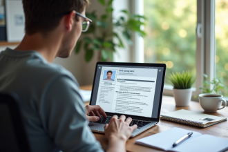 Jeune professionnel utilisant un ordinateur moderne pour analyser un CV