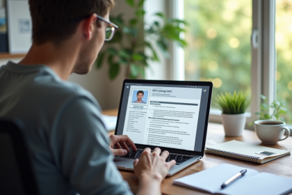 Jeune professionnel utilisant un ordinateur moderne pour analyser un CV