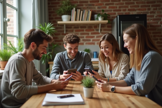 Groupe de jeunes adultes souriants autour d'une table cuisine