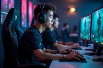 Joueur professionnel de CS2 concentré devant son setup en arène esport pour la saison 2026 du classement compétitif