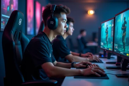 Joueur professionnel de CS2 concentré devant son setup en arène esport pour la saison 2026 du classement compétitif