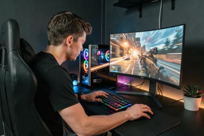 Joueur immergé devant un écran OLED 1440p 240 Hz dans un setup gaming moderne