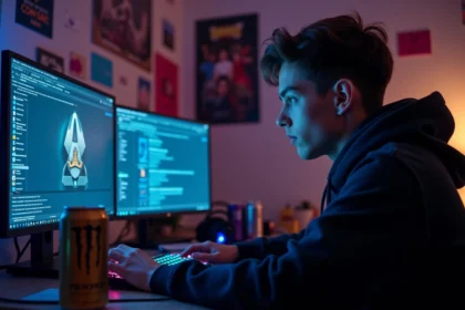 Joueur de roleplay FiveM assis devant deux écrans montrant un dossier de cache à vider sur PC gaming