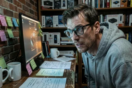 Homme obsédé fixant un écran d'ordinateur dans un bureau chaotique rempli de notes et de calculs, illustrant l'addiction aux jeux de simulation incrémentaux