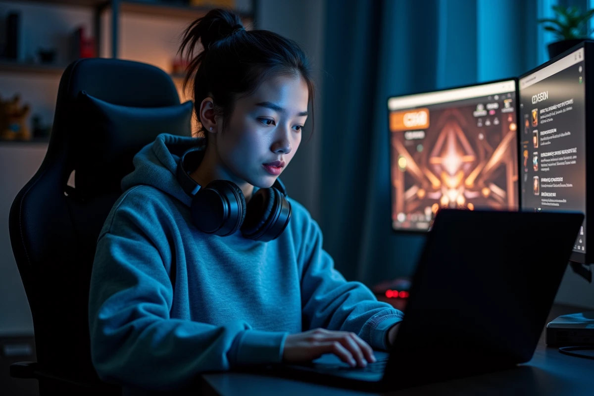 Joueuse CS2 lisant les nouvelles règles du classement compétitif Grade CS pour la saison 2026 sur son laptop