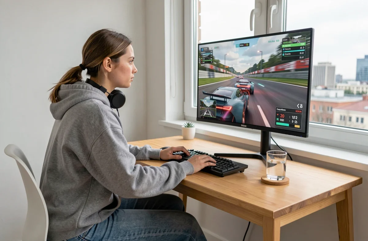 Joueuse concentrée sur un écran OLED 240 Hz dans un appartement moderne avec setup minimaliste