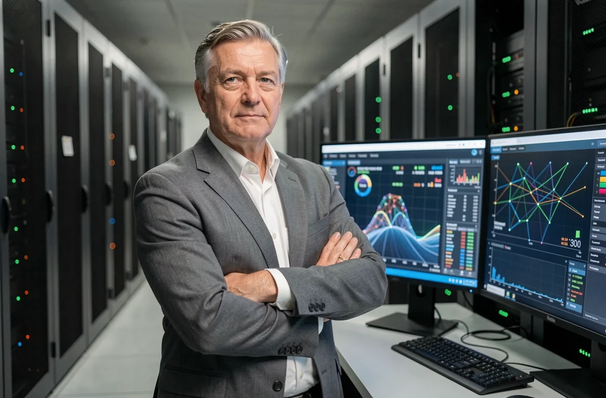 Ingénieur senior de KINCY devant un tableau de bord de cybersécurité dans une salle serveur moderne