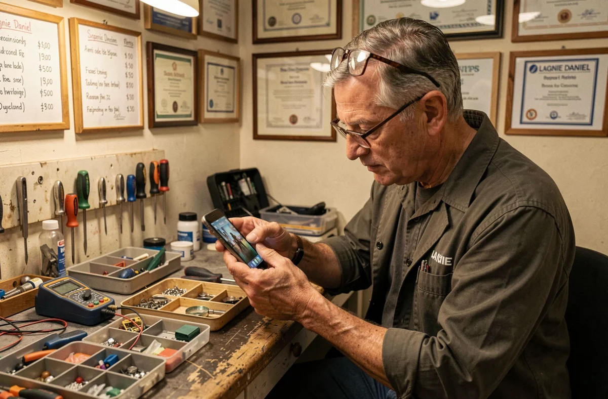 Technicien expérimenté Lagnie Daniel à Reims inspectant un smartphone démonté avec une loupe