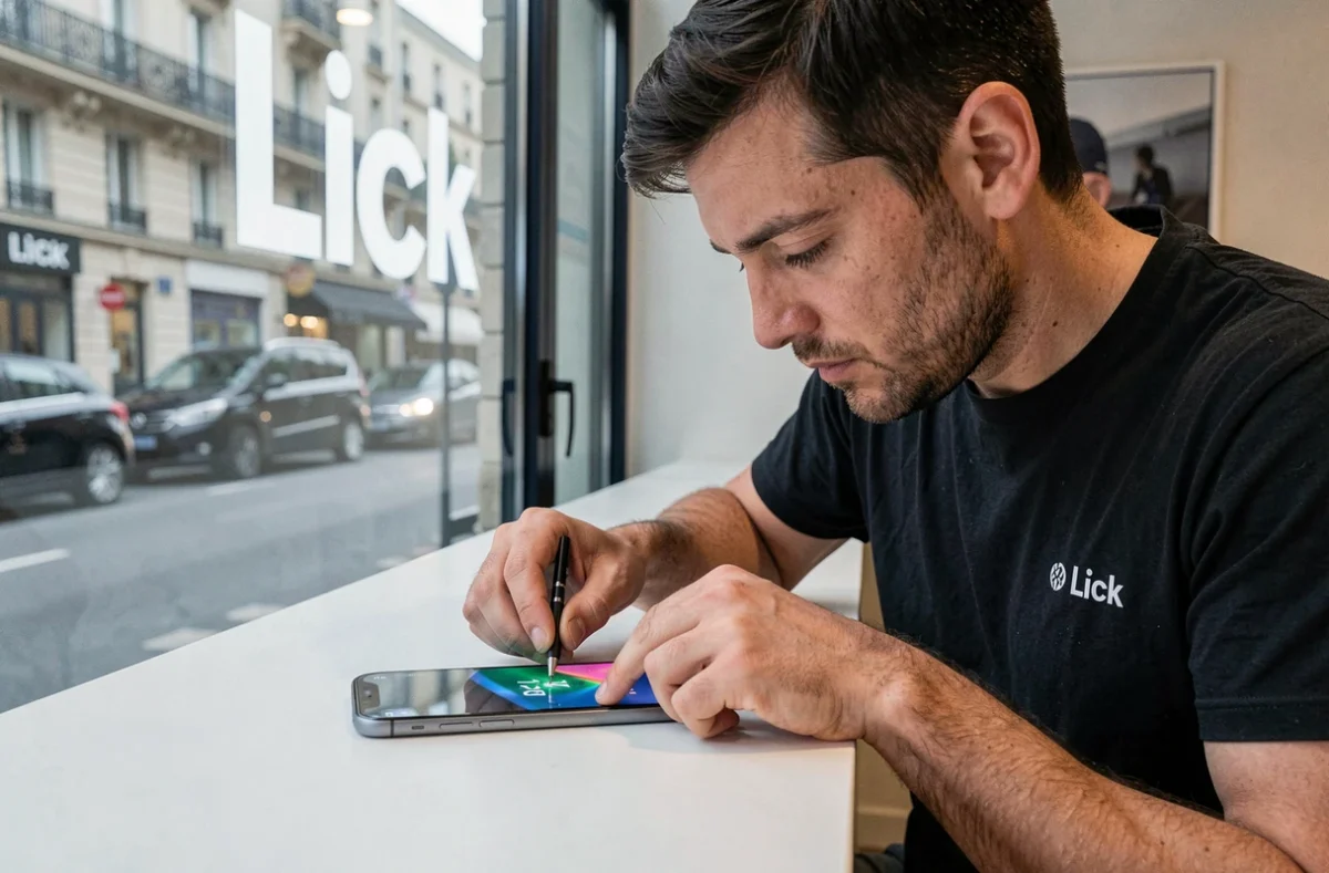 Technicien Lick appliquant un protège-écran sur un smartphone réparé dans une boutique parisienne épurée