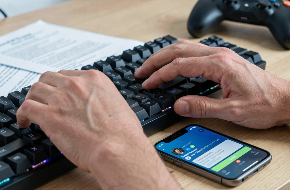 Mains tapant un appel de bannissement Activision sur clavier mécanique avec smartphone de soutien