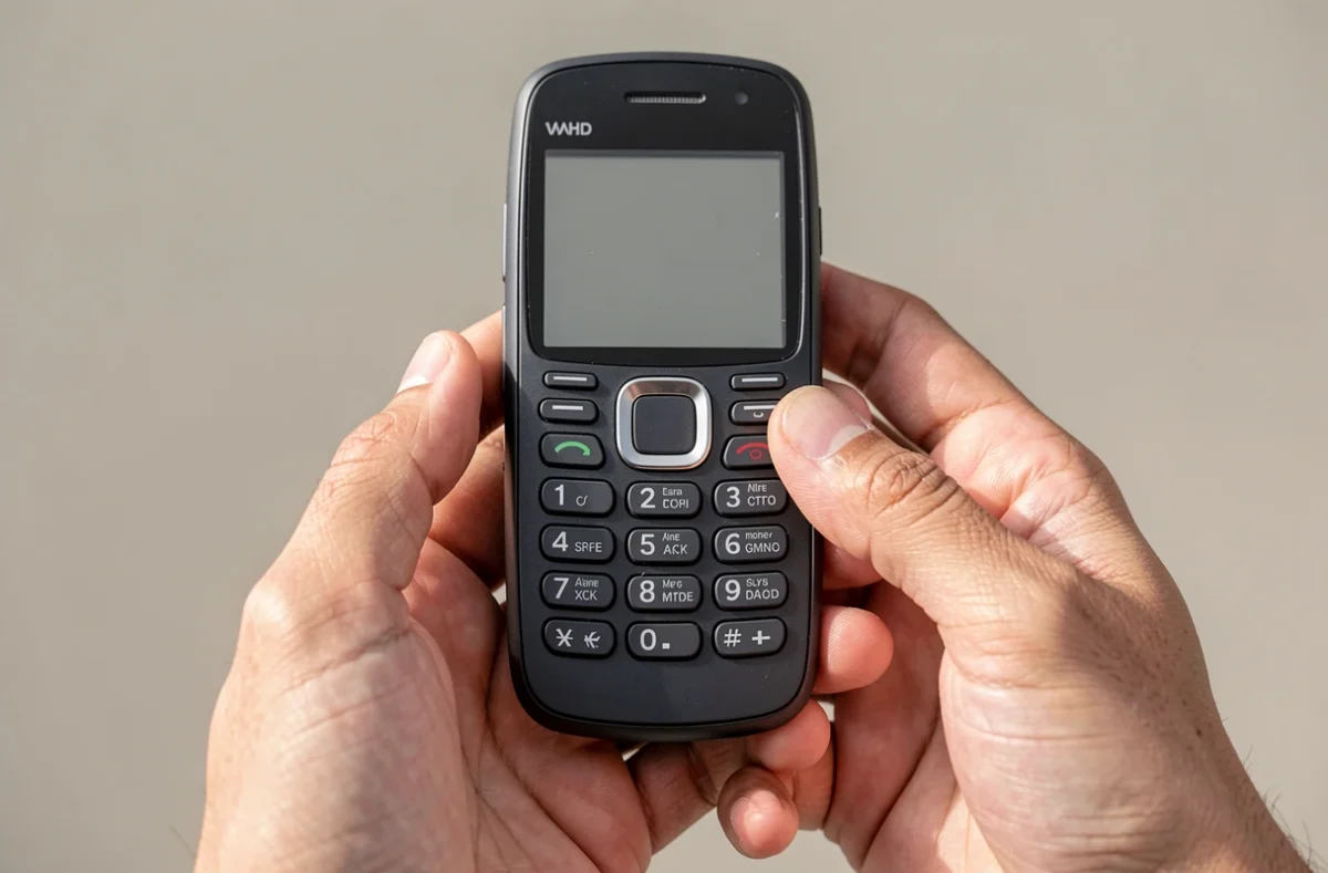 Mains tenant un téléphone basique à grosses touches pour tester le clavier