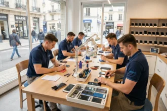 Atelier de réparation de smartphones dans la Marne avec des techniciens au travail