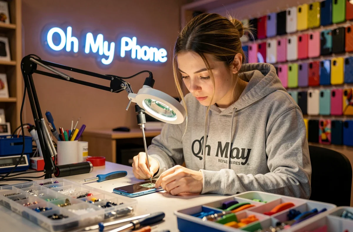 Technicienne d'Oh My Phone Reims effectuant une micro-soudure sur une carte mère de smartphone