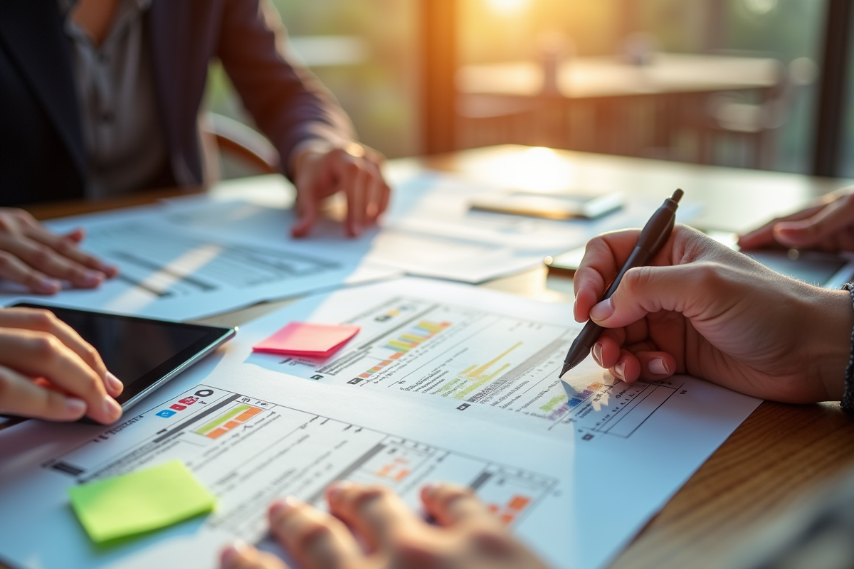 Groupe de mains organisant des CV et graphiques sur un bureau ensoleille