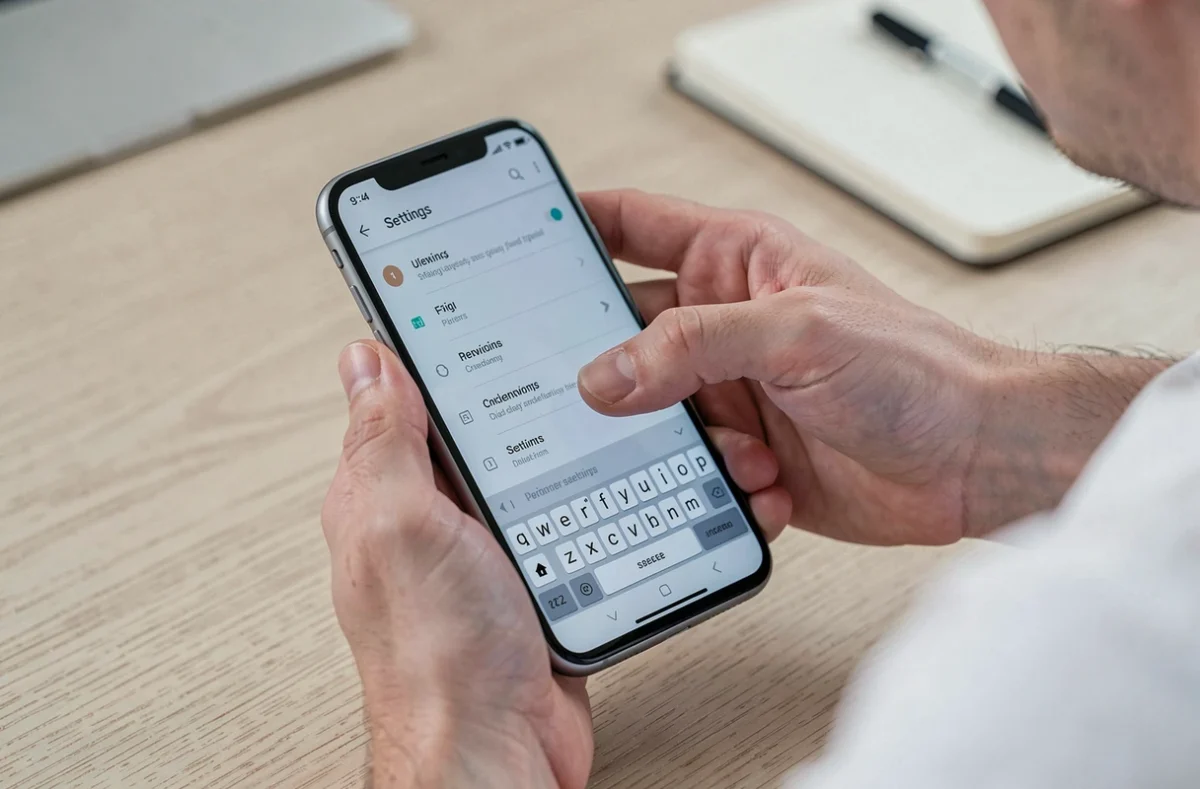 Mains naviguant dans les paramètres Android pour réparer le presse-papier sur smartphone