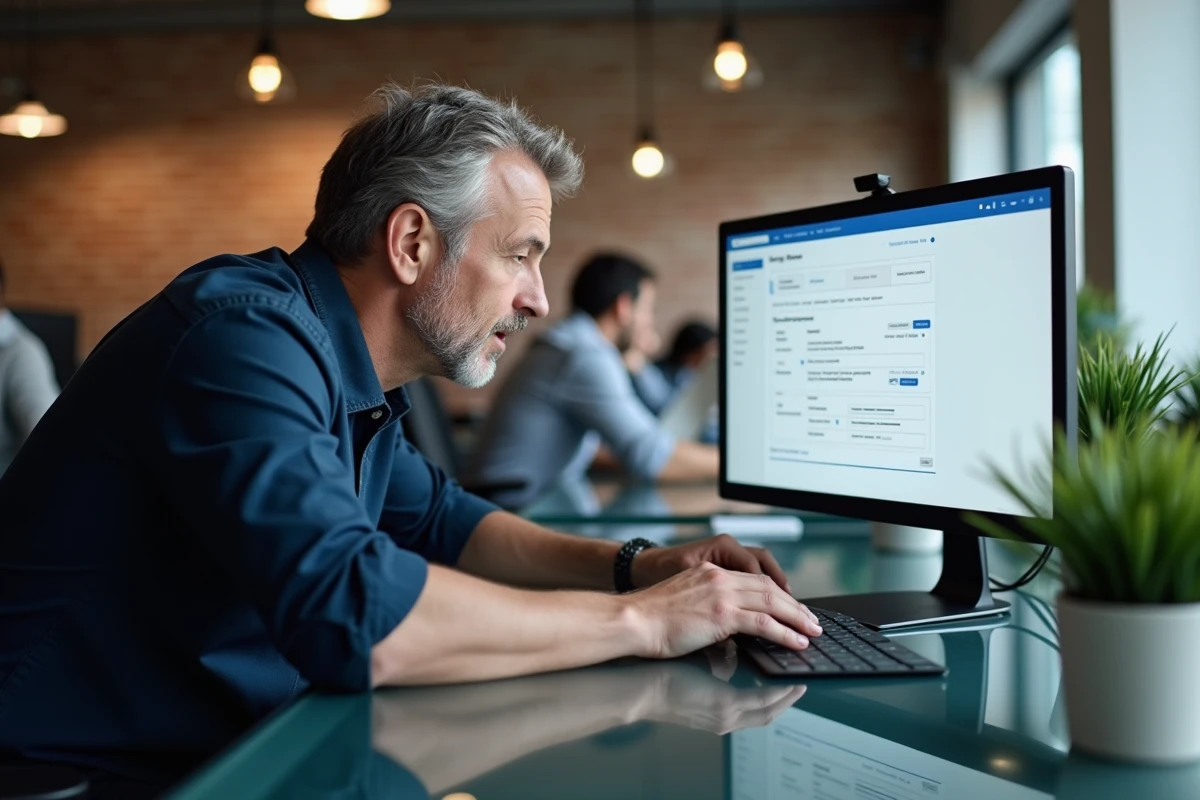 Homme configurant les paramètres anti-spam d'un compte email Yahoo dans un bureau moderne