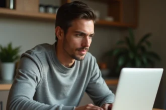 Parent adulte configurant le contrôle parental sur un ordinateur portable dans une cuisine moderne