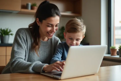 Une mère et son fils devant un ordinateur portable pour gérer le compte Epic Games de l'enfant