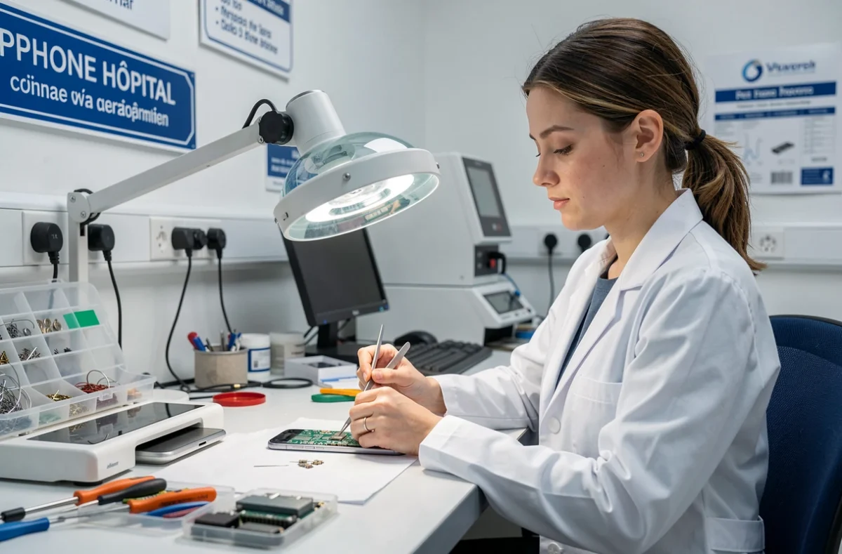Technicienne Phone Hôpital en blouse blanche réparant la carte mère d'un smartphone avec précision